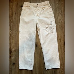 Zara White Distressed Button Fly Jeans
